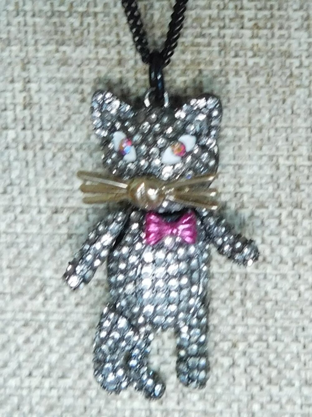 Betsey Johnson All Hallows Articulated Black Kitty Cat Rhinestones Bow Necklace - Picture 2 of 8